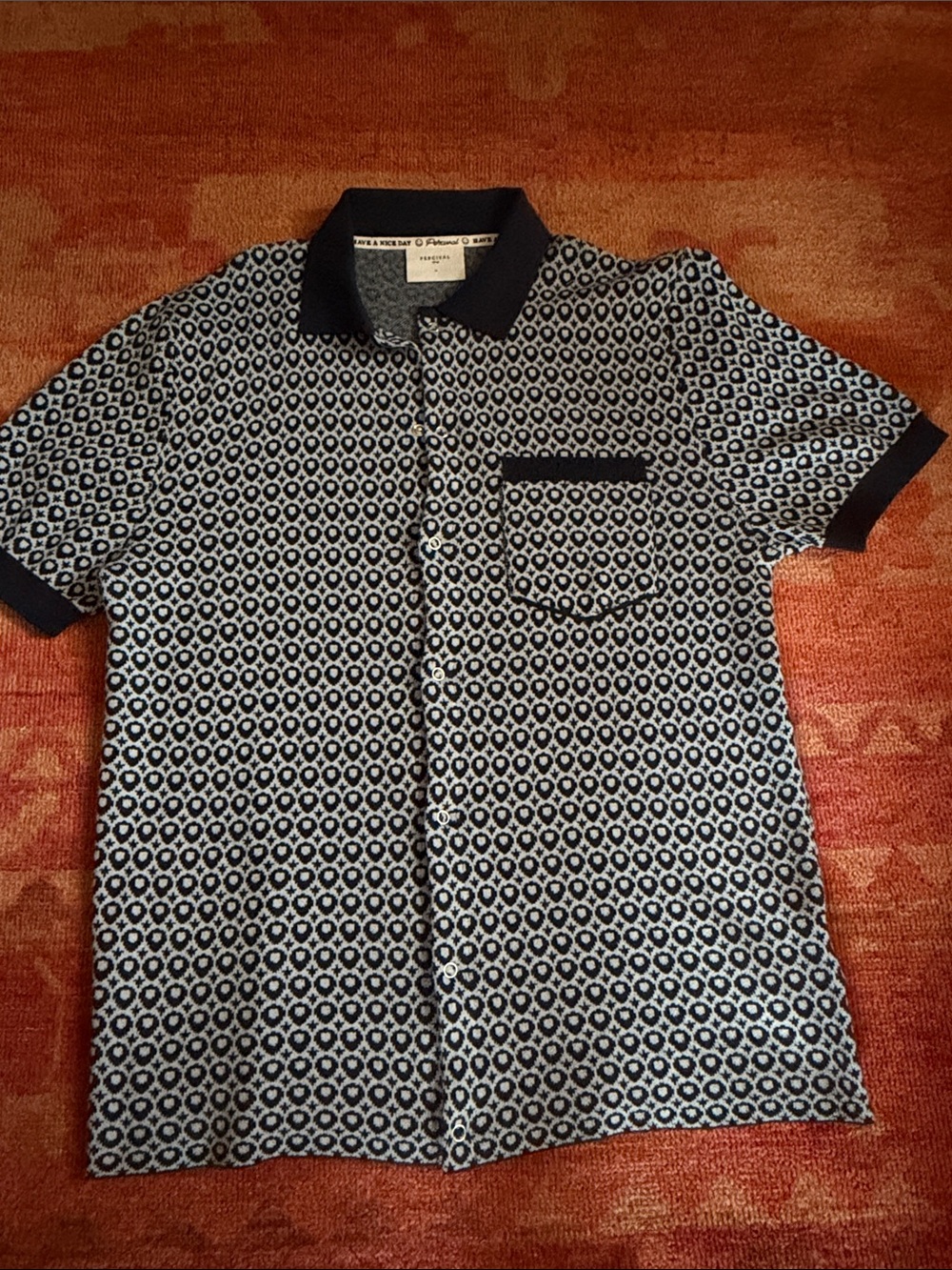 Men's Short-Sleeve Patterned Polo Shirt - Blue & White